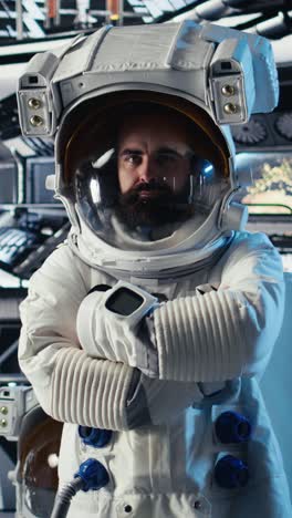vertical video upbeat astronaut greeting researchers during videocall presenting research data