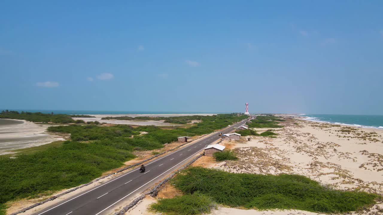 Immersive aerial drone shot showcasing the ethereal charm of Dhanushkodi’s deserted expanse.
