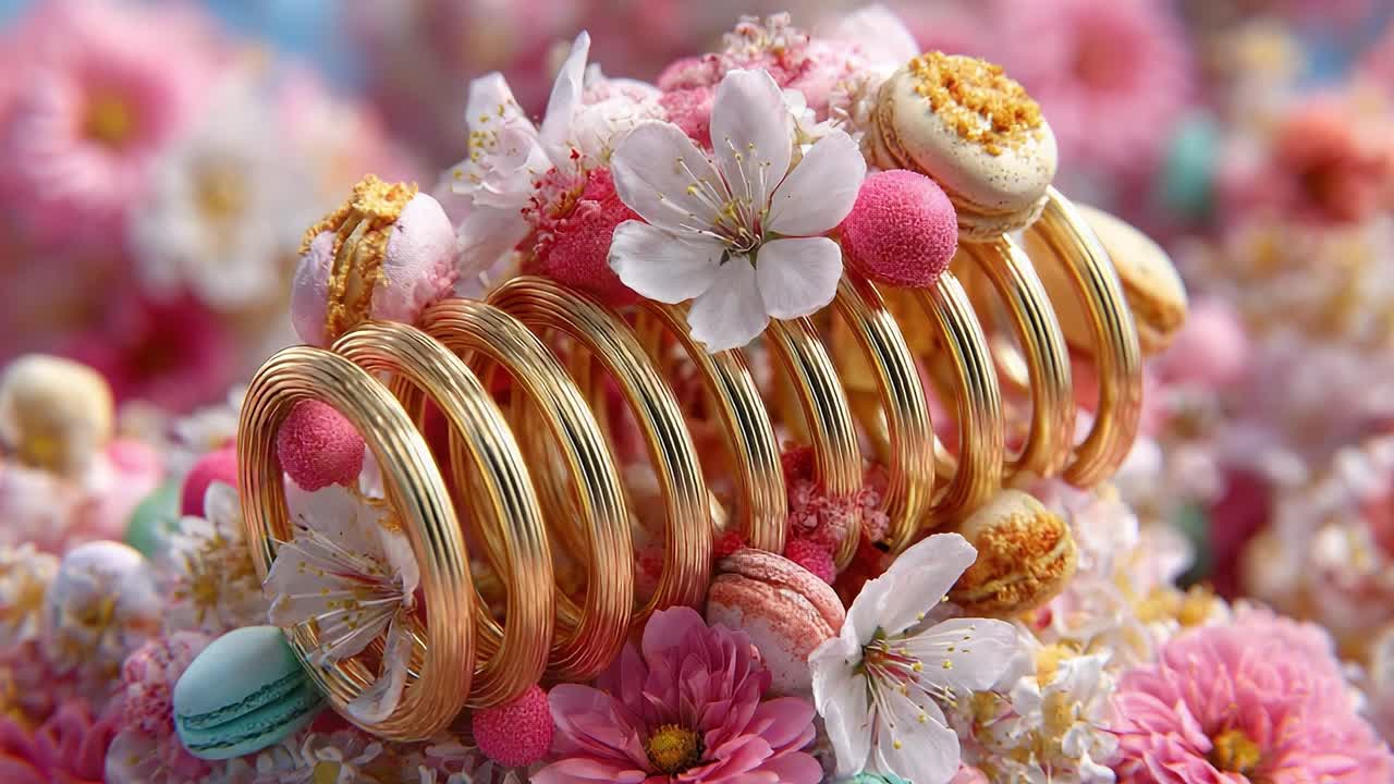 A Beautiful Arrangement of Golden Rings Surrounded by Colorful Flowers, Delicate Blossoms, and Sweet Treats, Creating an Elegant Springtime Display with a Playful Touch