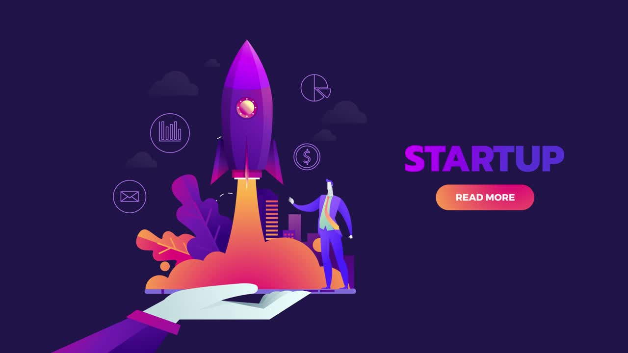 4K. Animated businessman with rocket and big city. Startup new business project. Animation with space rocket.