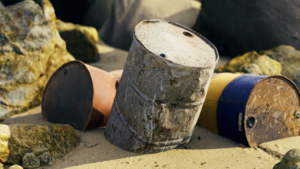 Rusty barrels on sandy beach surrounded by rocks and ocean waves