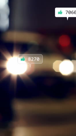 animation of social media icons and numbers over out of focus city and traffic lights