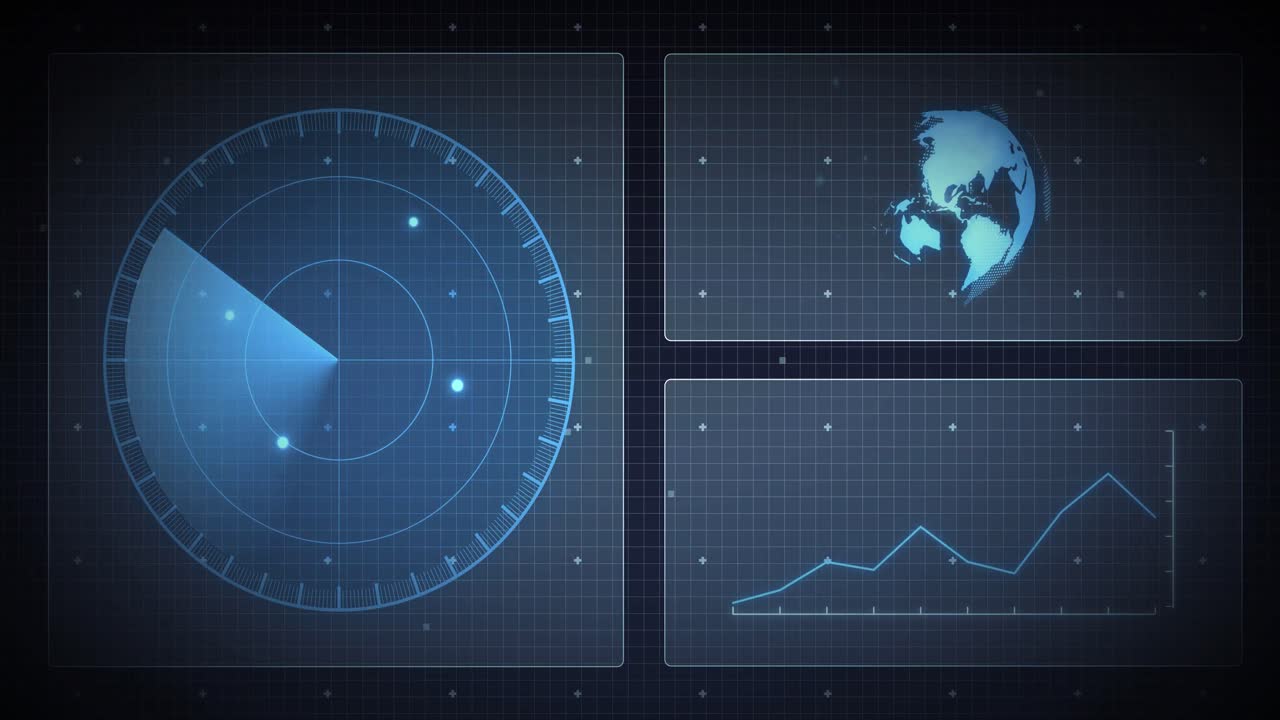 Animation of scope scanning, globe and data processing on screens over grid