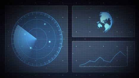 animación del escaneo del alcance, el globo y el procesamiento de datos en pantallas sobre cuadrícula