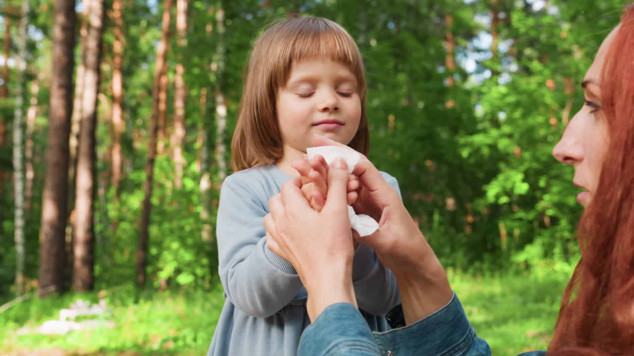 Little girl takes tissue from father and rubs her hands while standing in forest, as caring mother joins to help clean her palms gently, showing tender family care and parenting moment
