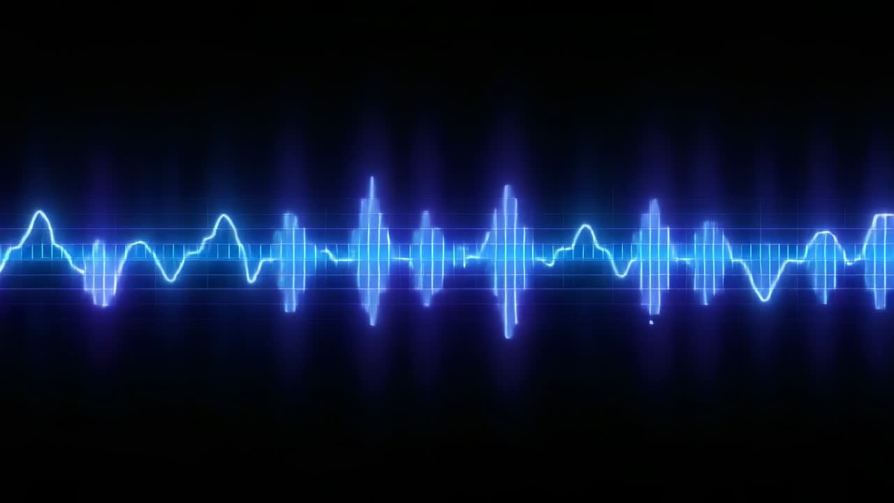 Receiving audio signal, neon waveform graphic scrolling on black canvas, pulsing purple peaks