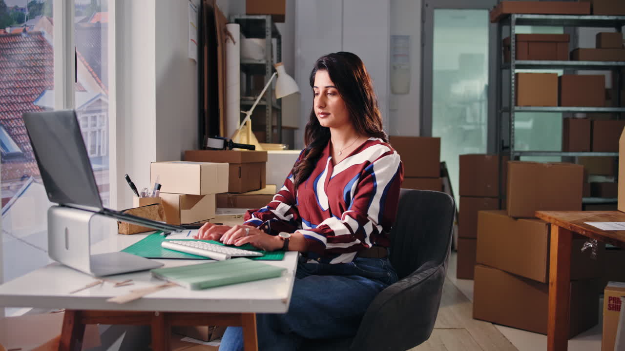 Mujer joven trabajando en un portátil y teclado en una oficina de comercio electrónico.