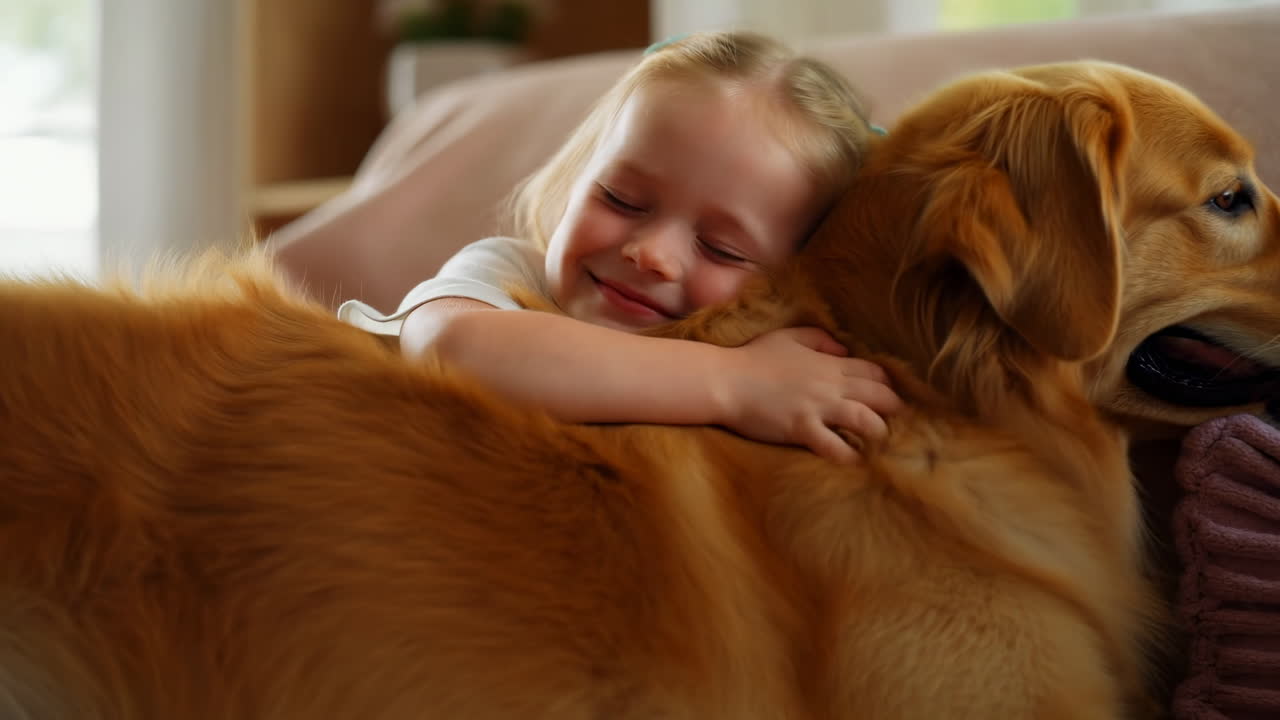 Bambina felice che abbraccia il suo cane Golden Retriever su un divano