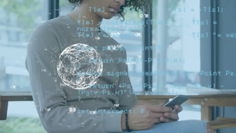 animation of data processing and globe over man using smartphone