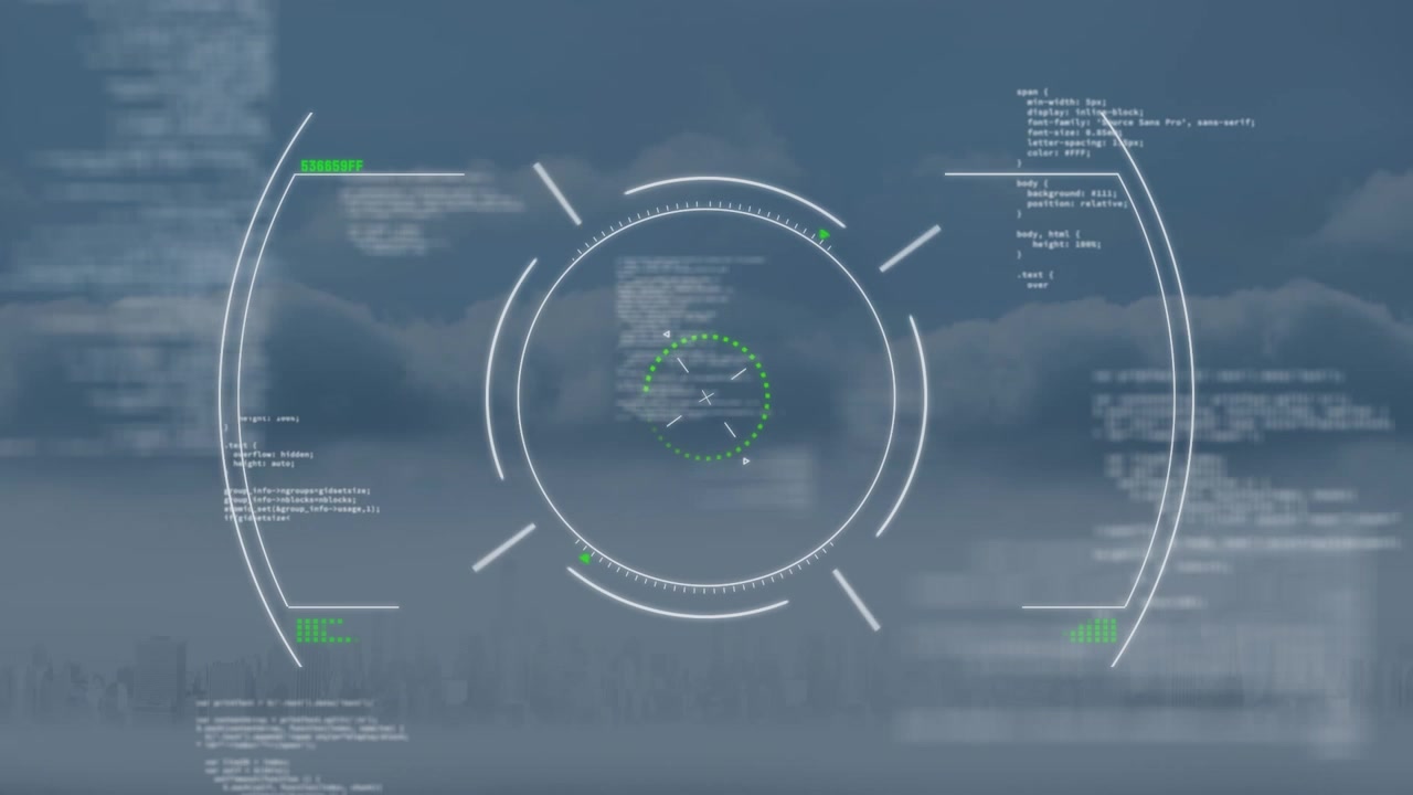 Animation of radar and programming language over aerial view of clouds in sky