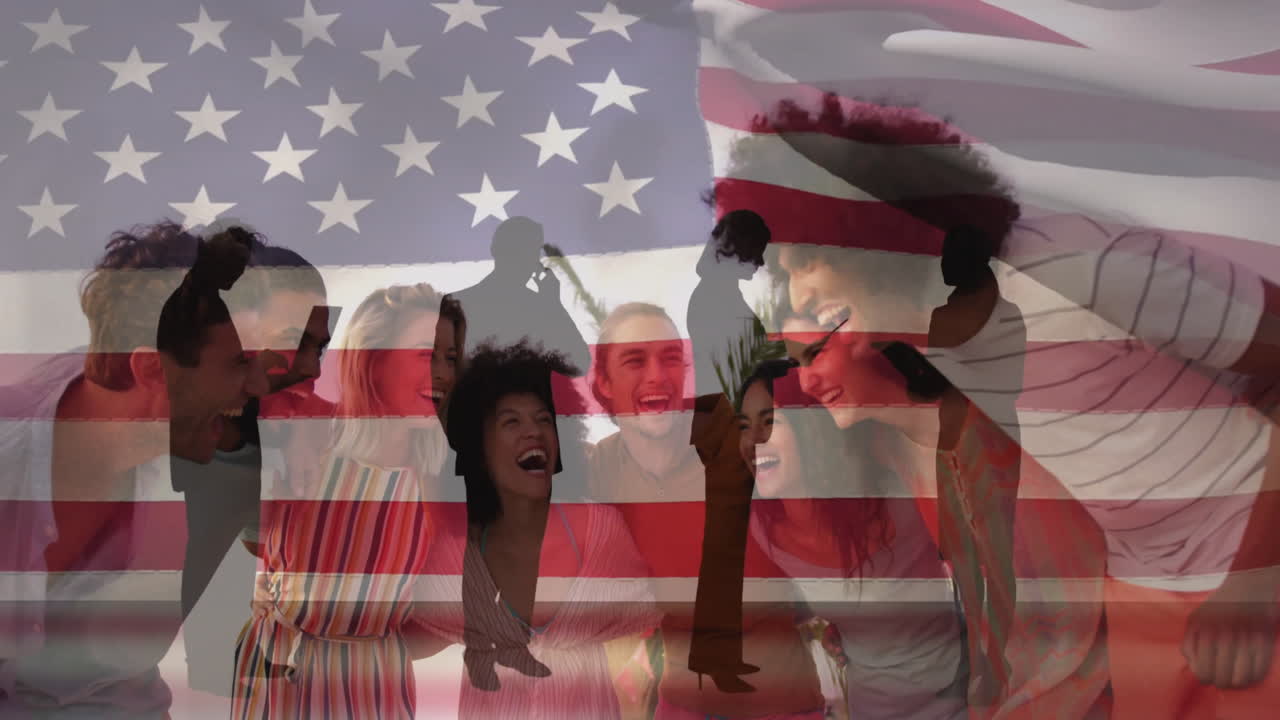 Celebrating with American flag overlay, diverse group of people in animation style