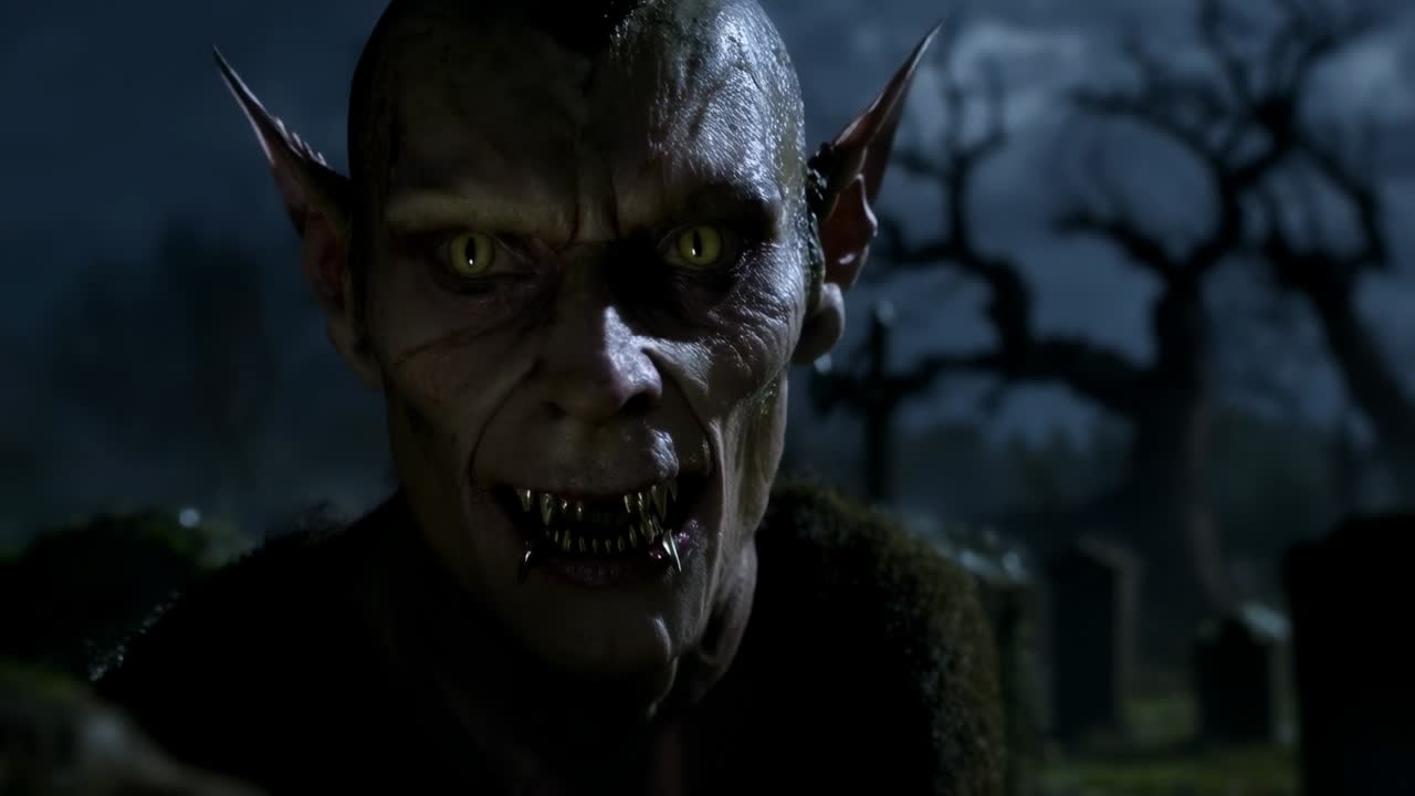 Vampiro oscuro ammantato che scruta e striscia mentre la camera si muove, mostrando le zanne per minacciare l'obiettivo tra le tombe muschiose