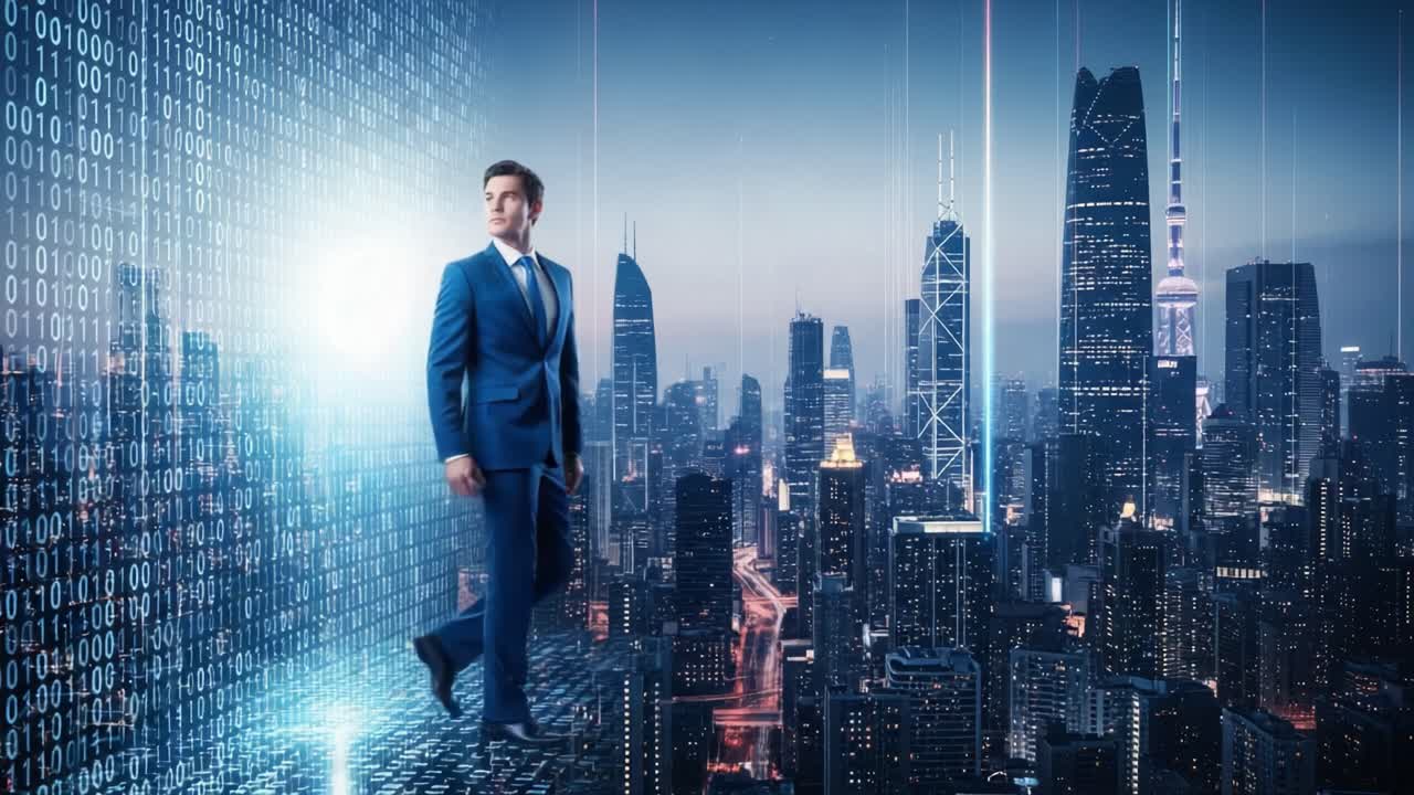 A Business Professional Navigates a Cybernetic Cityscape, Blurring the Lines Between Digital Data and Real-World Urban Life in a Stunning Futuristic Vision.