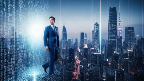 a business professional navigates a cybernetic cityscape, blurring the lines between digital data and real-world urban life in a stunning futuristic vision.