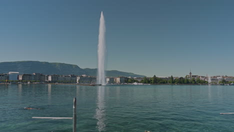 Peaceful morning in Geneva with the iconic Jet d’Eau rising from the lake, calm waters reflecting the clear sky, and the city slowly coming to life in the morning light.