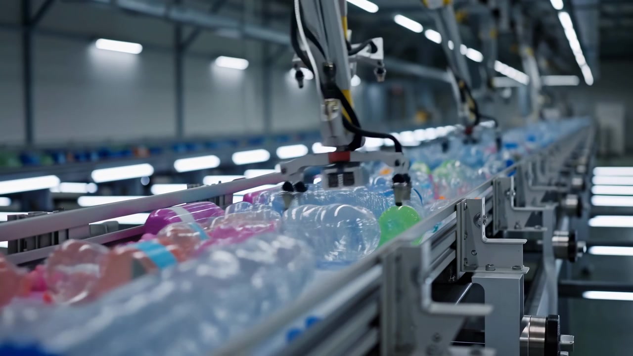 Low-angle factory scene showing transparent plastic bottles with multicolored screw caps advancing on metal conveyor while robotic pick-and-place gripper moves above them in clean industrial light