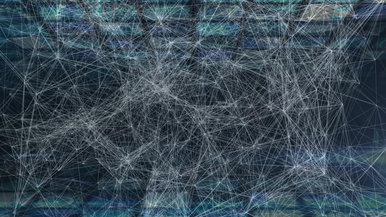 Brightening nodes causing web network reorganizing, thinning and dispersing, revealing teal grid