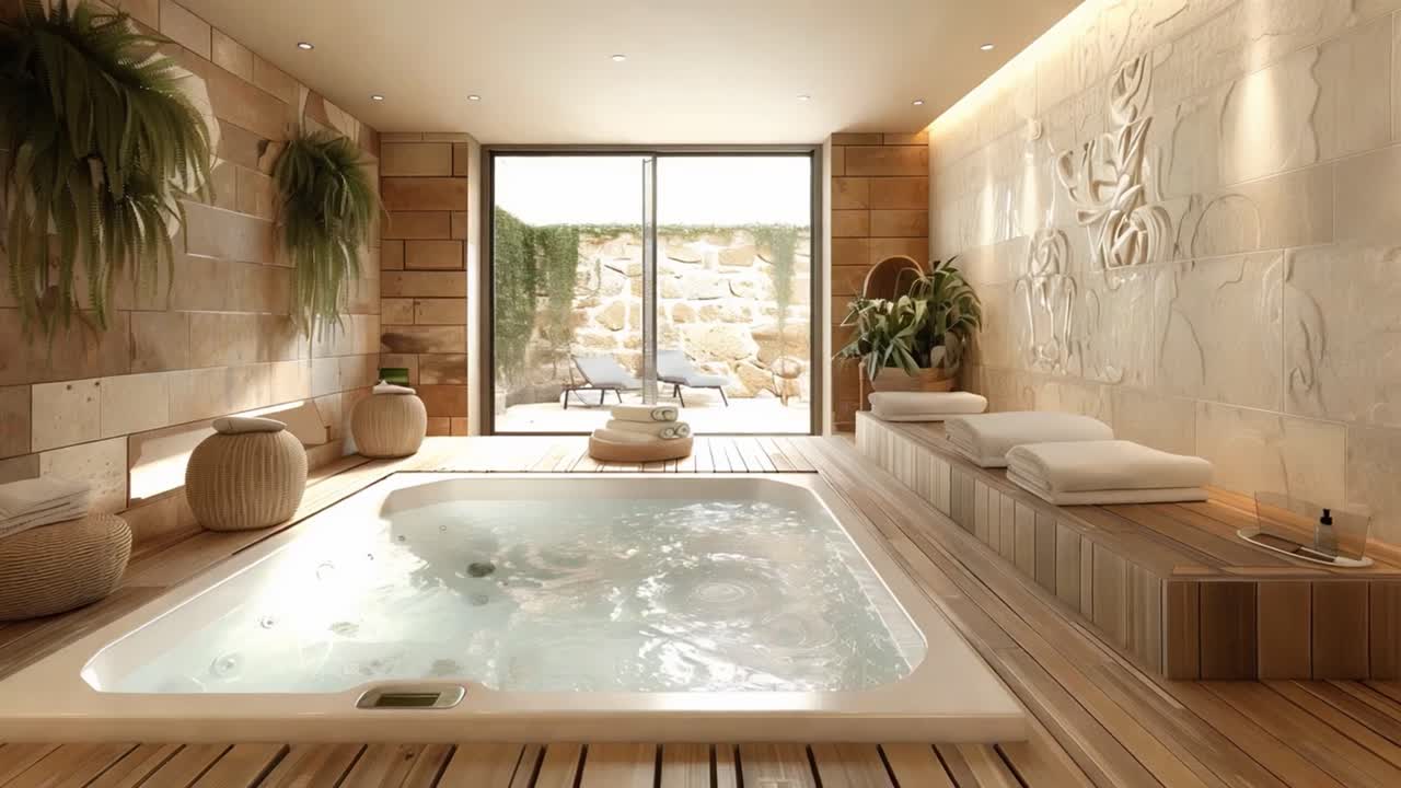 A luxurious spa-like bathroom with a hot tub