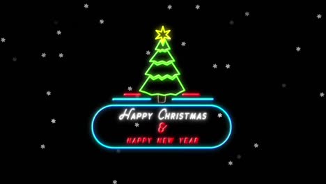 Animation-of-snow-falling-over-neon-decoration-and-happy-christmas-text-on-black-background