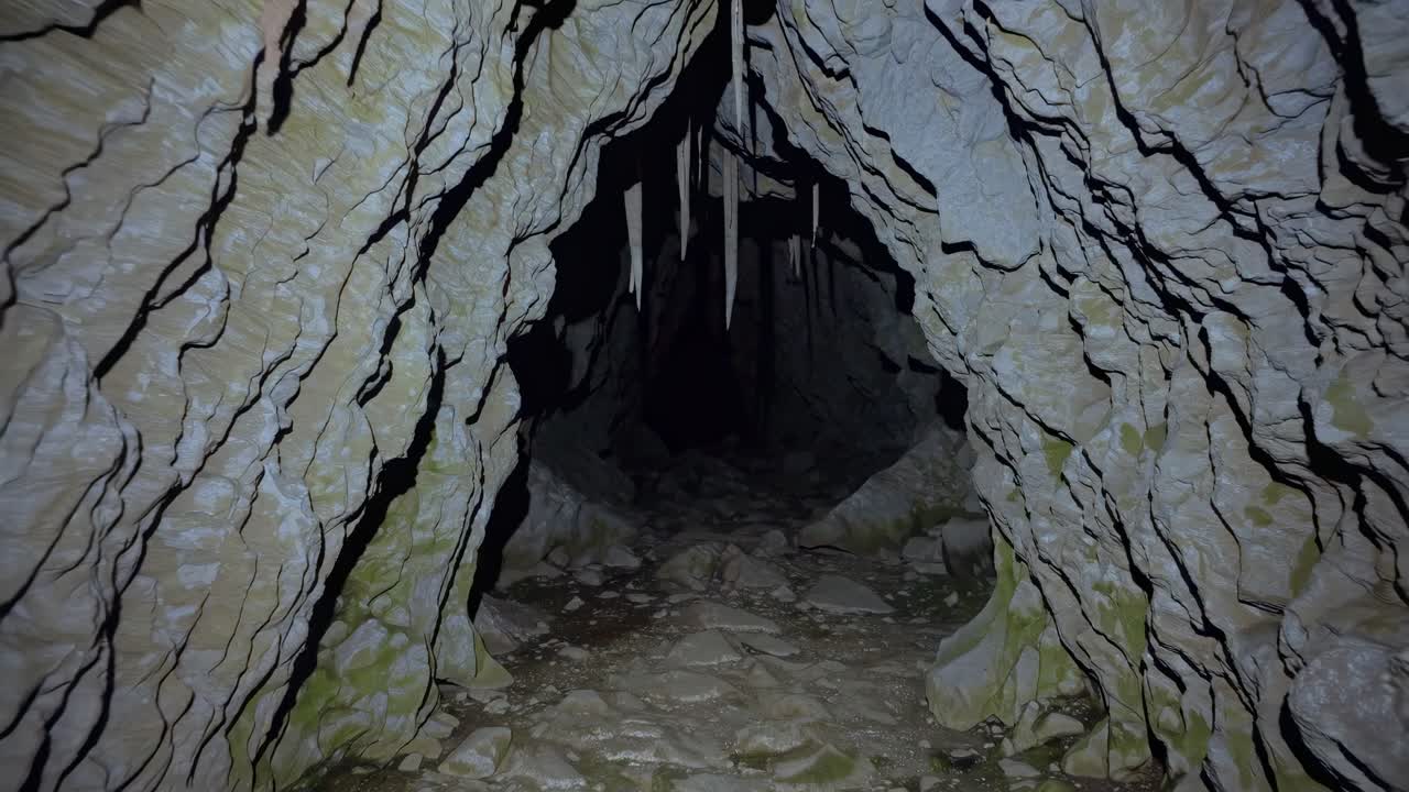 A low-angle video shot of a dark, rocky cave interior with jagged walls and a narrow path