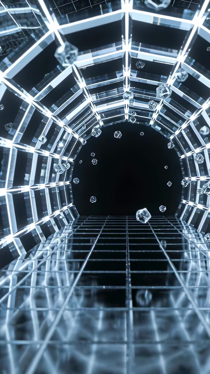 Vertical video: Pushing camera gliding through hex ribs to dark void, grid floor mirrors crystals