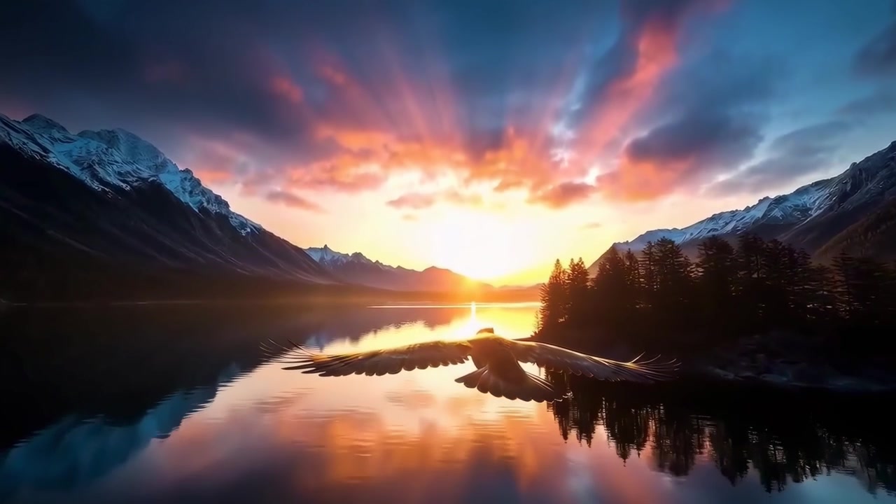 Majestic Eagle Soaring Over a Mountain Lake at Sunset