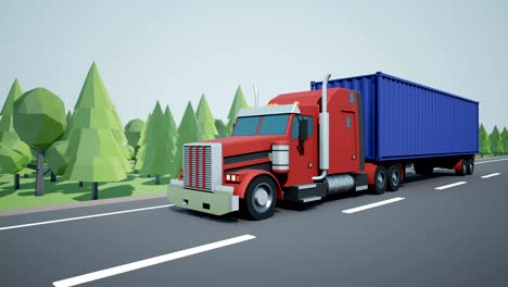 front view camera follows american semi truck with 40 foot container loaded on cargo trailer and driving on highway. low poly graphics.