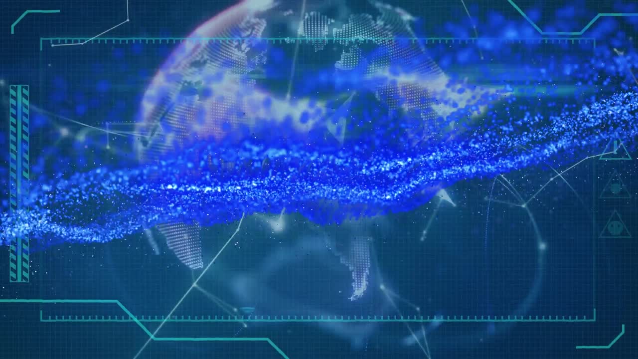 파란색 배경의 연결 네트워크에 대한 파란색 디지털 파동의 디지털 애니메이션