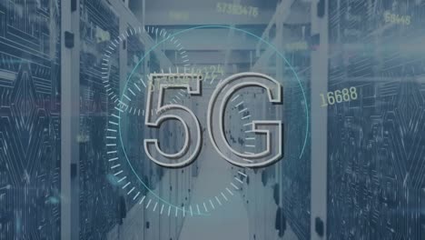 Animation-Eines-5G-Textbanners,-Wechselnder-Nummern-Und-Mikroprozessorverbindungen-Vor-Dem-Serverraum