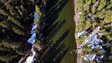 Bird's-eye-view-of-river,-snow,-and-evergreen-trees-in-Cle-Elum-in-Washington-State