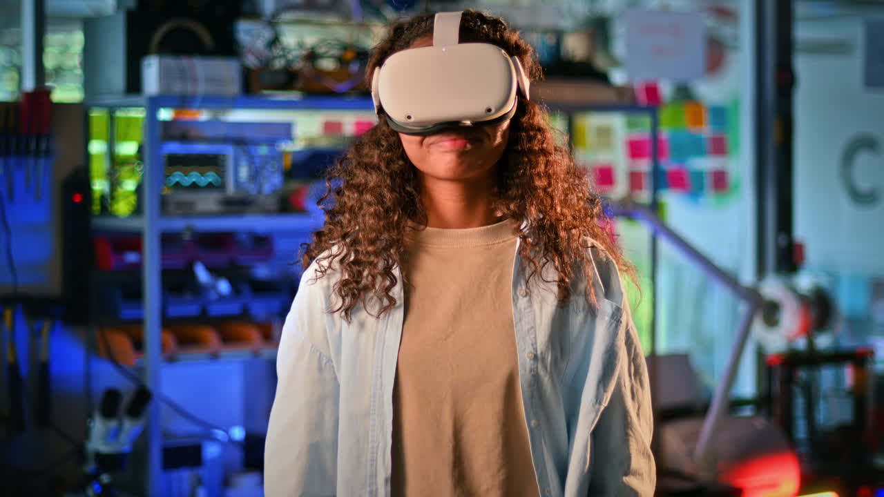 Portrait of a black young smiling girl putting on VR glasses. Slow motion
