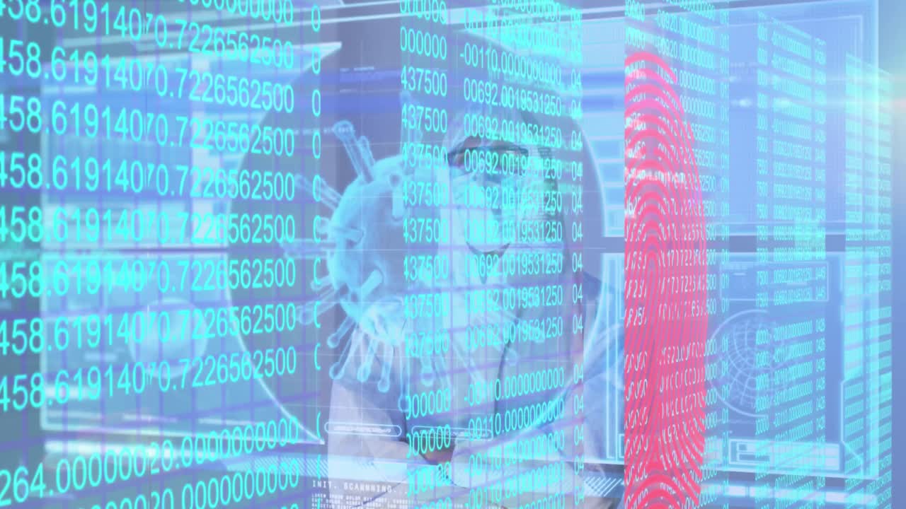 animación de números, huellas digitales, célula infectada, hombre con ropa protectora con los brazos cruzados en el laboratorio.