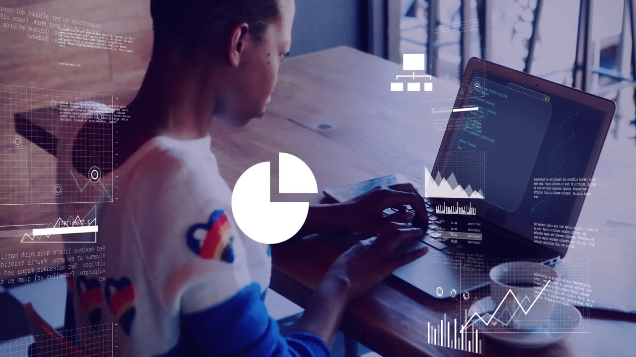 animación de procesamiento de datos digitales sobre una mujer afroamericana usando una computadora portátil