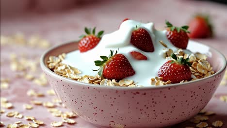 strawberry yogurt bowl. a bowl filled with yogurt topped with fresh strawberries and oats sits on a pink background with scattered oats.