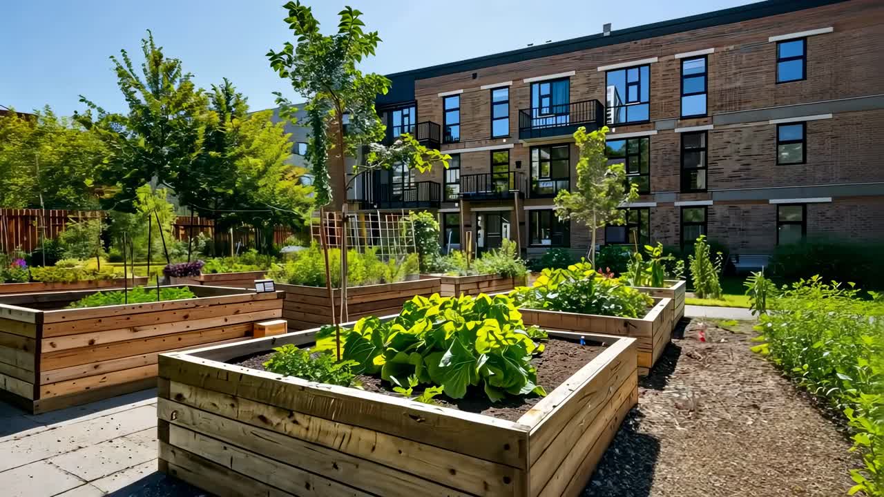 Wide-angle video of a community garden with raised wooden beds, lush greenery, and modern apartments