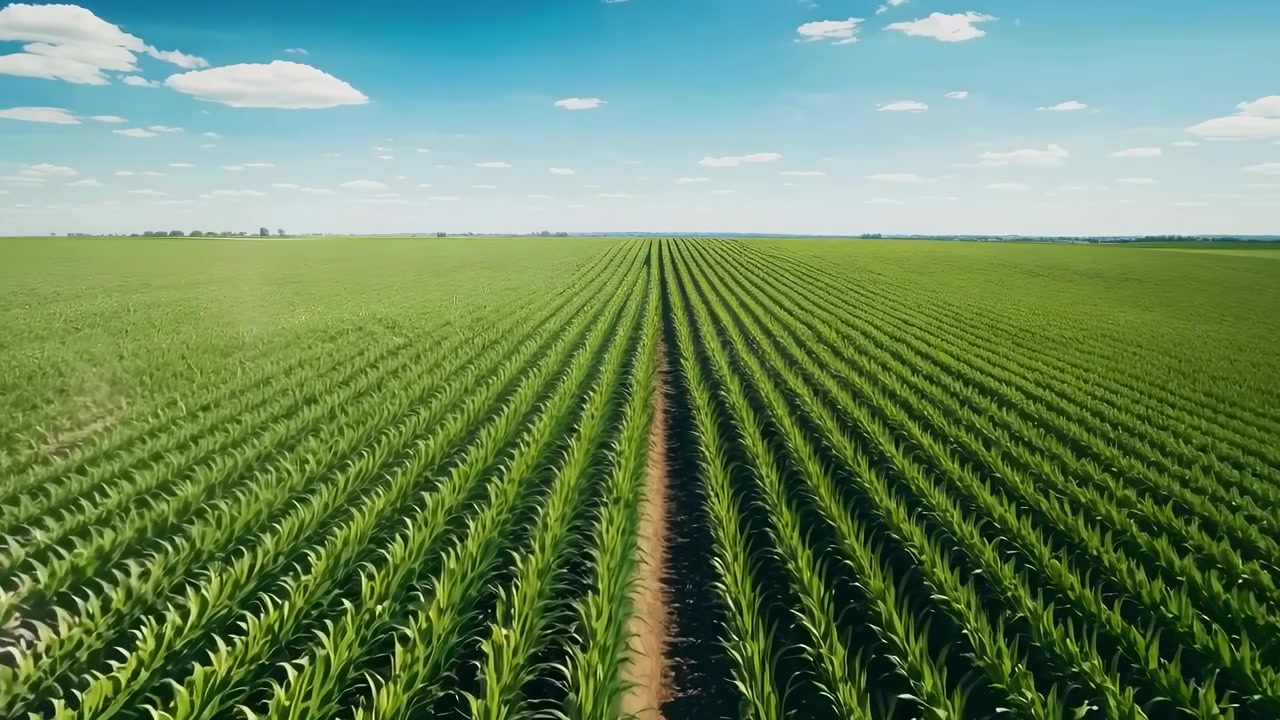 Vista aerea di un campo di mais verde con filari simmetrici