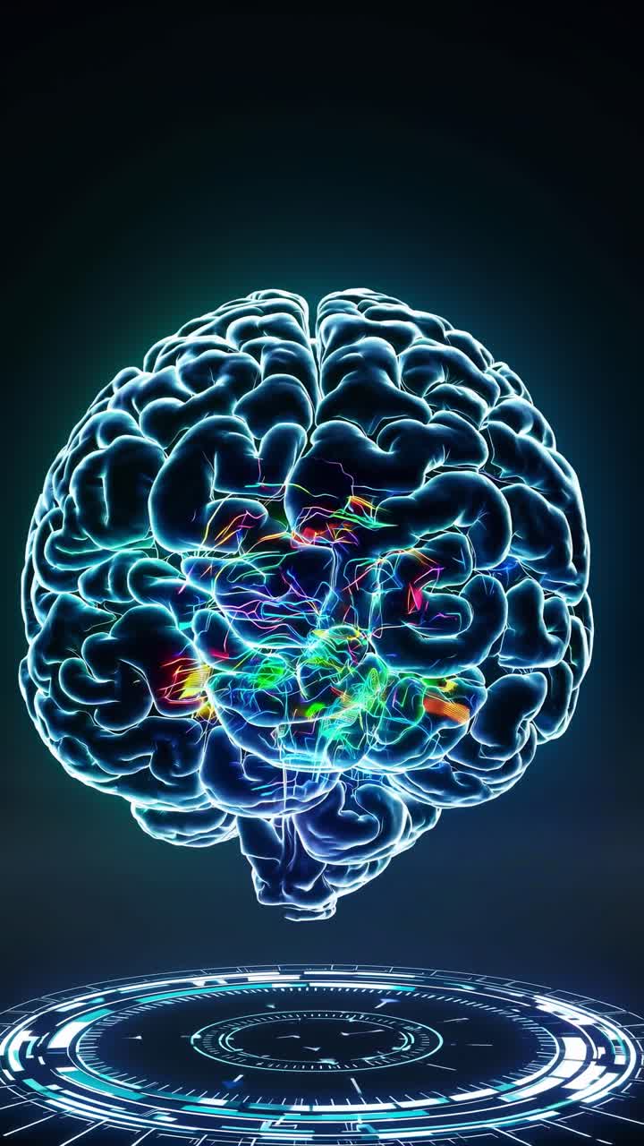 Cervello umano luminoso con attività neurale su interfaccia digitale.