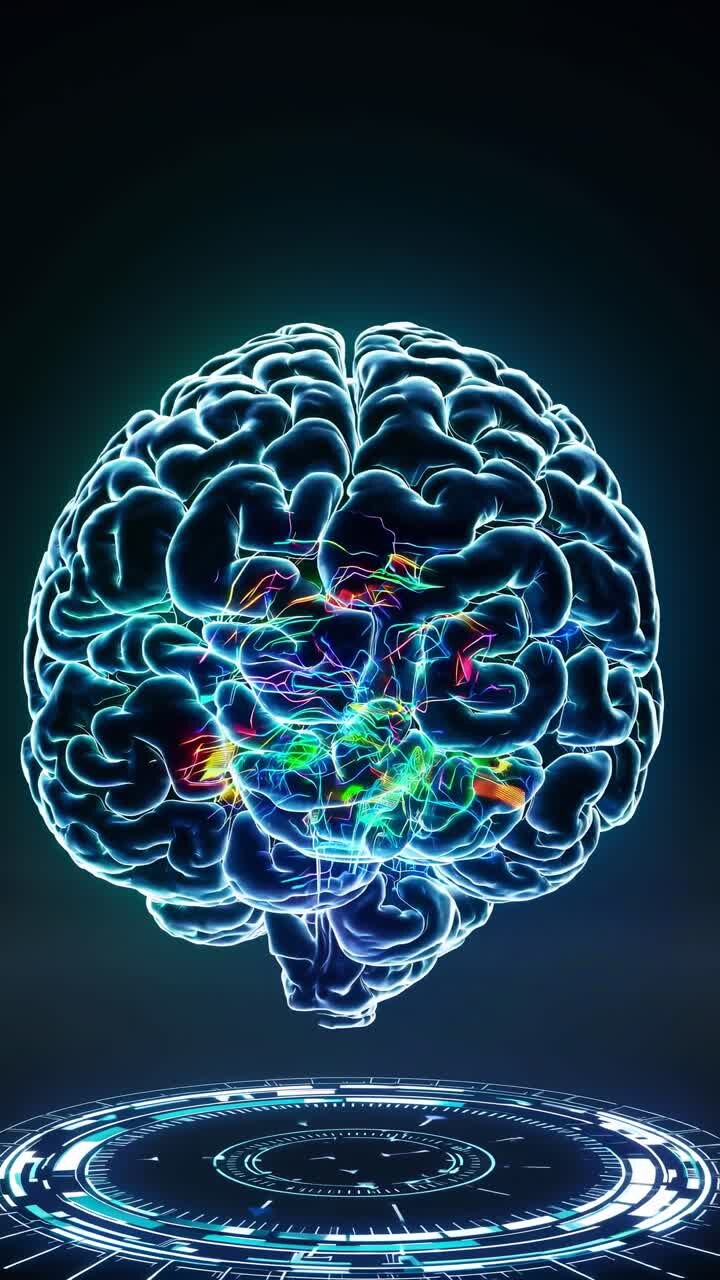 Cervello umano luminoso con attività neurale su interfaccia digitale.