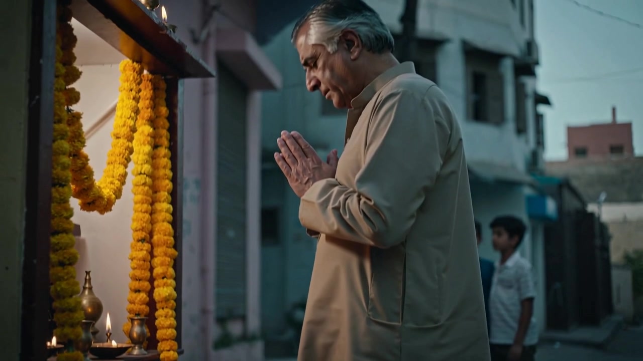 Approaching Indian man in kurta stepping toward street shrine praying toward marigold and diyas