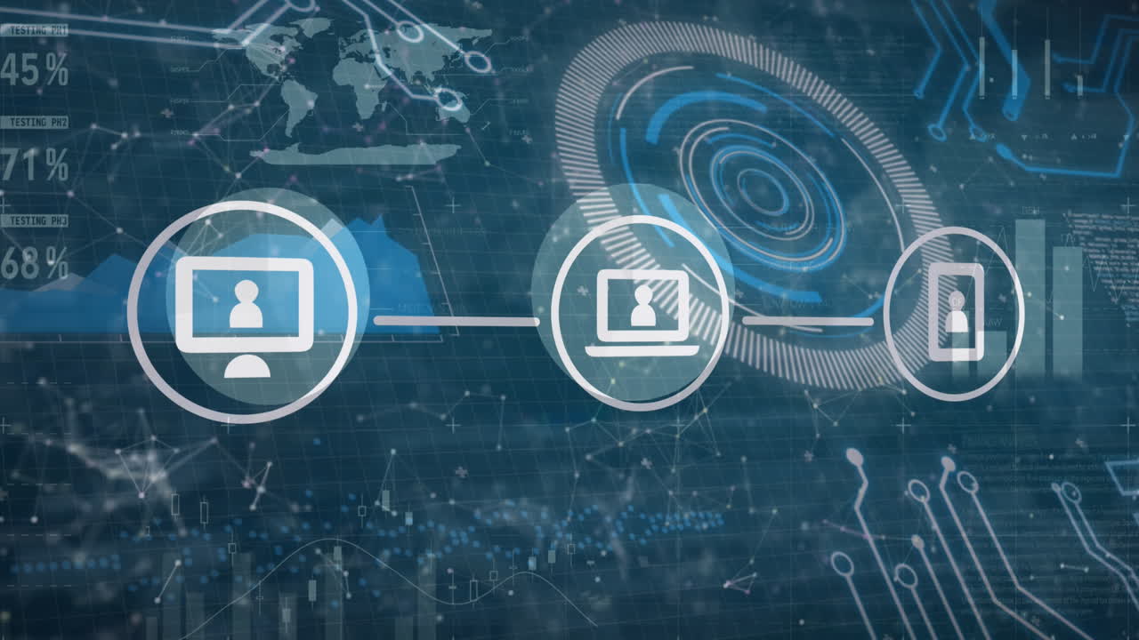 컴퓨터, 노트북 및 전화기의 애니메이션은 인포그래픽 인터페이스를 통해 흐름 차트를 형성하는 원으로