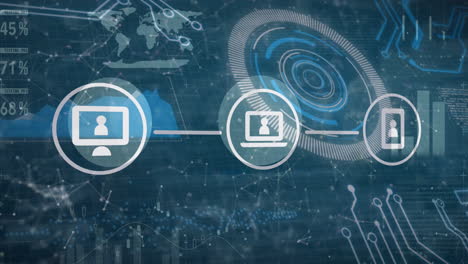 animación de computadora, portátil y teléfono en círculos que forman un diagrama de flujo sobre la interfaz infográfica