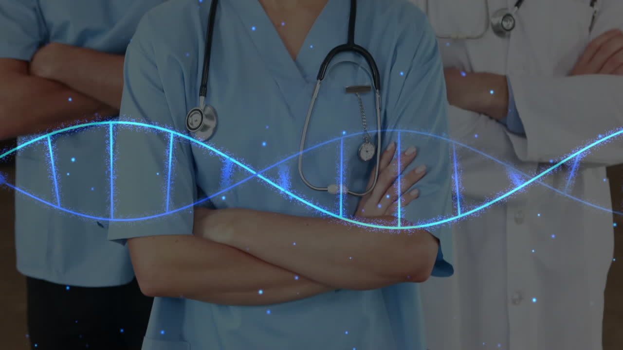 Medical team standing with crossed arms showcasing holographic DNA helix featuring stethoscopes