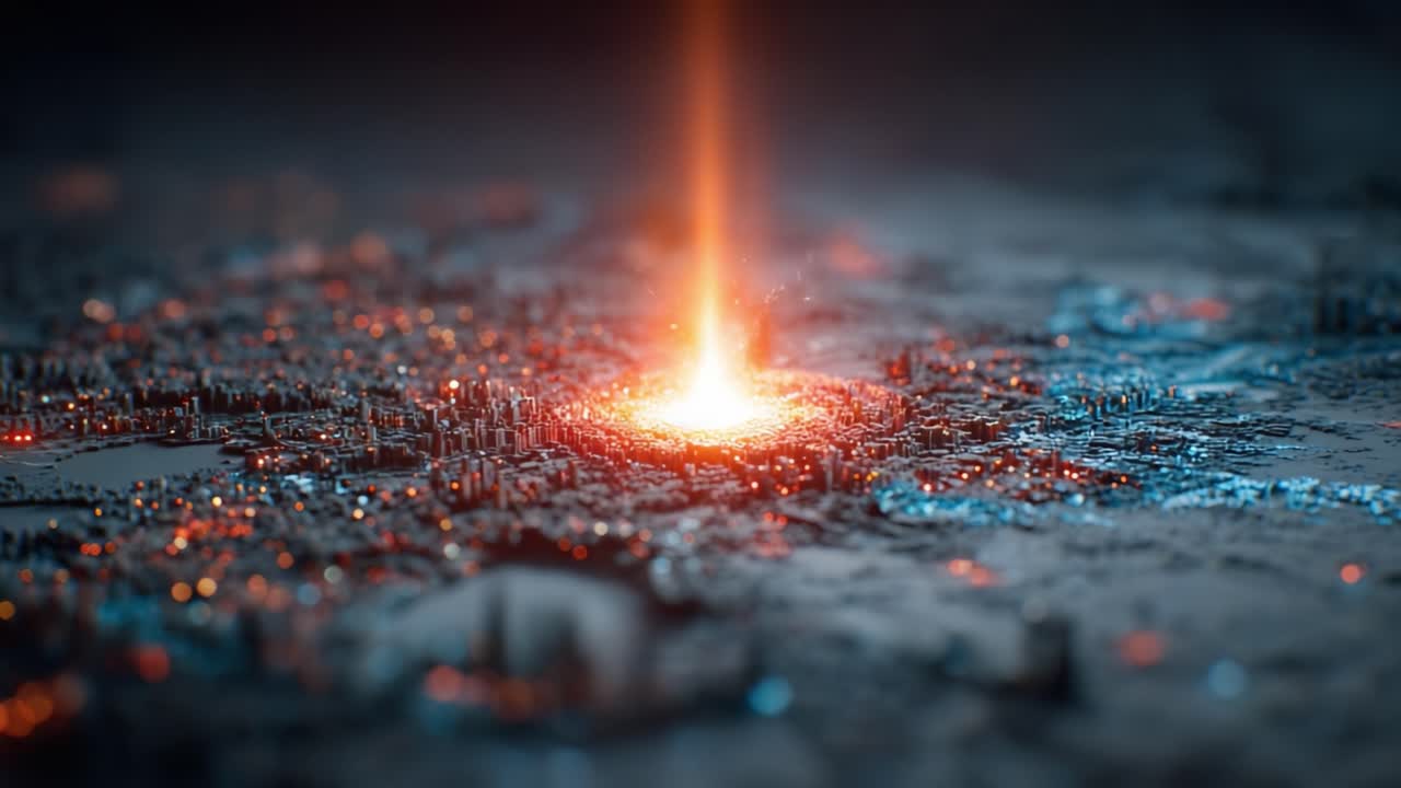 A Stunning Visualization of a Cityscape with an Erupting Energy Source, Transforming the Urban Landscape with Fiery Pulsations of Light and Color