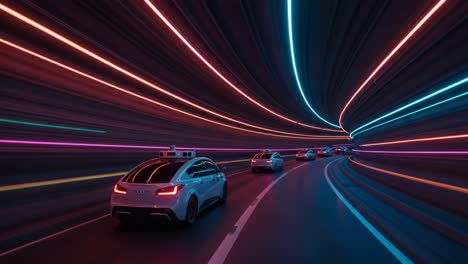 futuristic autonomous vehicles navigating through a vibrant neon tunnel with dynamic light streaks, representing advanced technology and innovation in transportation