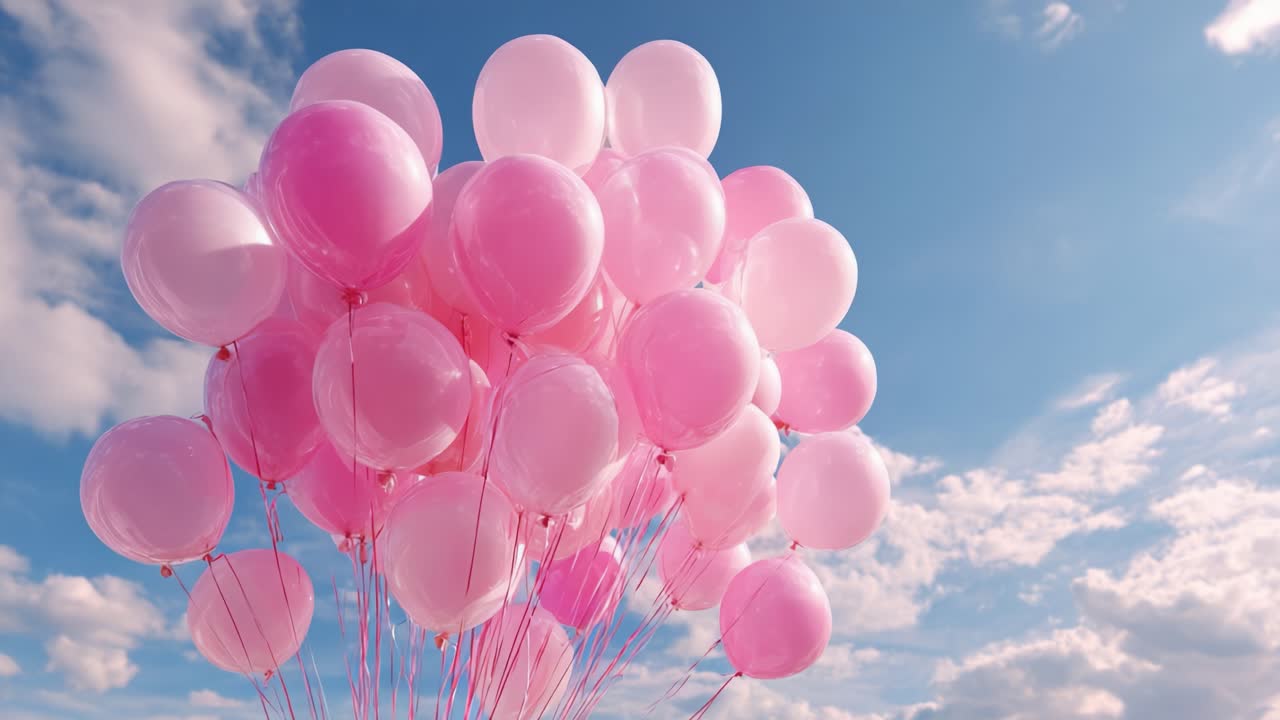 A Beautiful Array of Pink Balloons Against a Clear Sky, Capturing the Essence of Celebration, Joy, and Festivity in the Bright Clouds Above