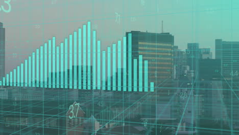 animation of financial data processing over cityscape