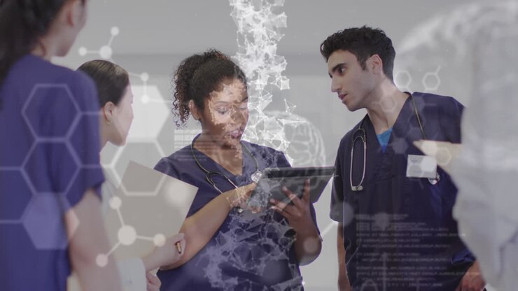 Animation of cells and medical data over diverse female and male doctors in discussion using tablet