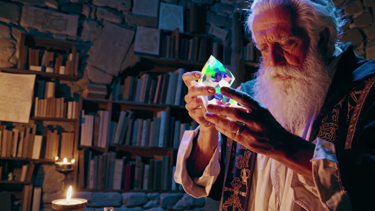 En mystisk scene med en eldre mann som undersøker et prisme