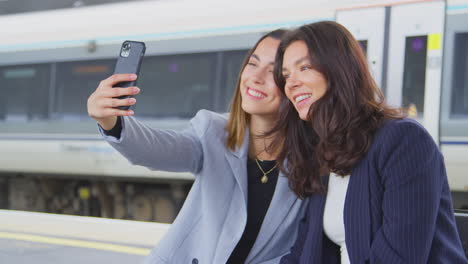 businesswomen commuting to work waiting for train on station platform taking selfie on mobile phone