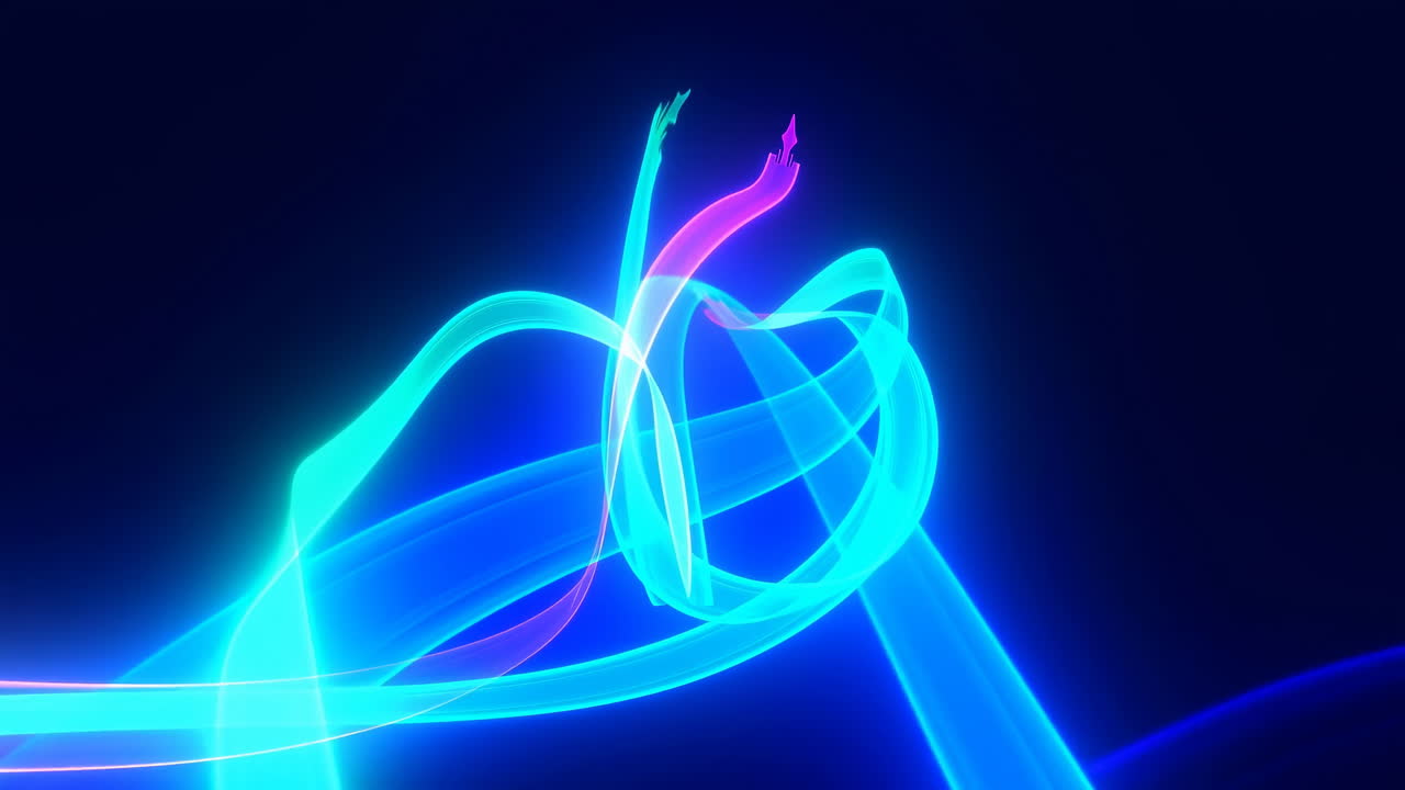 Scie astratte di luci al neon che si muovono e si intrecciano su sfondo scuro.